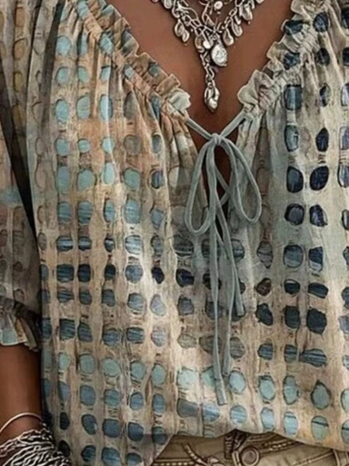 Any Season Tie Neck 3/4 Sleeve Blouse Misses and Plus Size