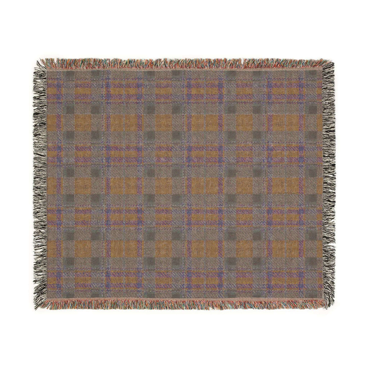 A square woven throw blanket with a plaid pattern in taupe, brown, and muted blue, finished with fringed edges, shown flat against a white background.