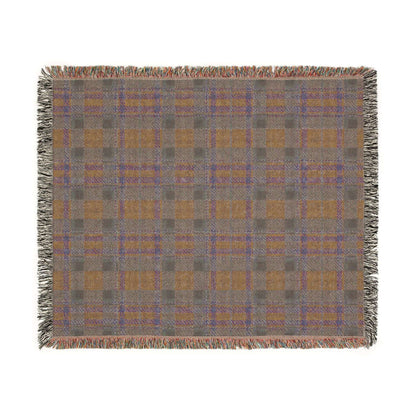 A square woven throw blanket with a plaid pattern in taupe, brown, and muted blue, finished with fringed edges, shown flat against a white background.