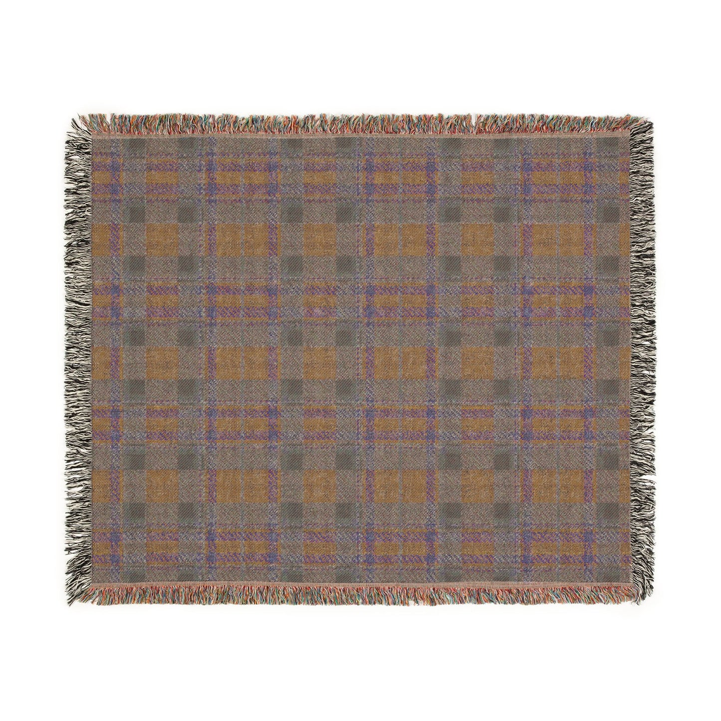 A square woven throw blanket with a plaid pattern in taupe, brown, and muted blue, finished with fringed edges, shown flat against a white background.