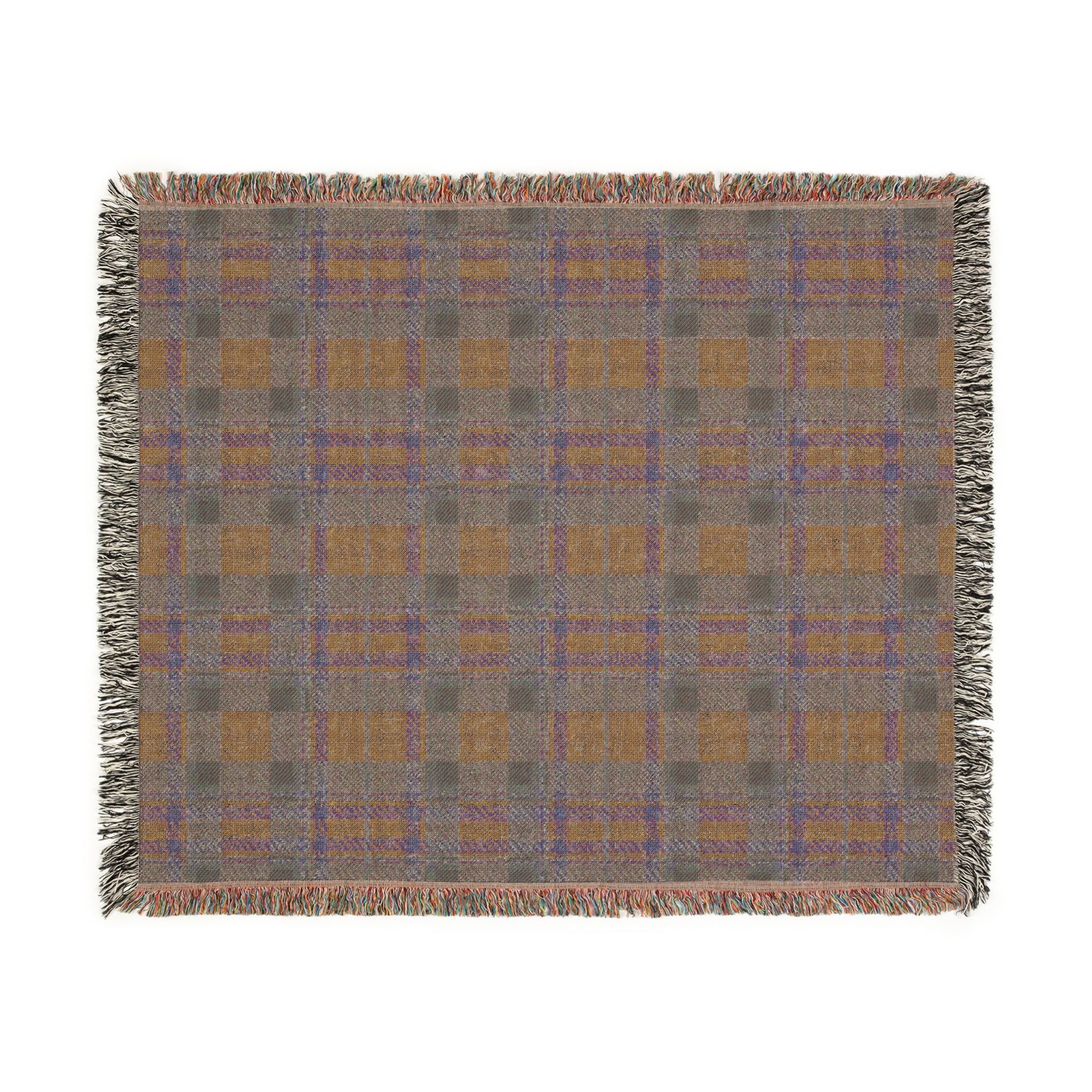 A square woven throw blanket with a plaid pattern in taupe, brown, and muted blue, finished with fringed edges, shown flat against a white background.