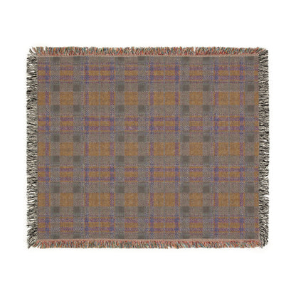 A square woven throw blanket with a plaid pattern in taupe, brown, and muted blue, finished with fringed edges, shown flat against a white background.