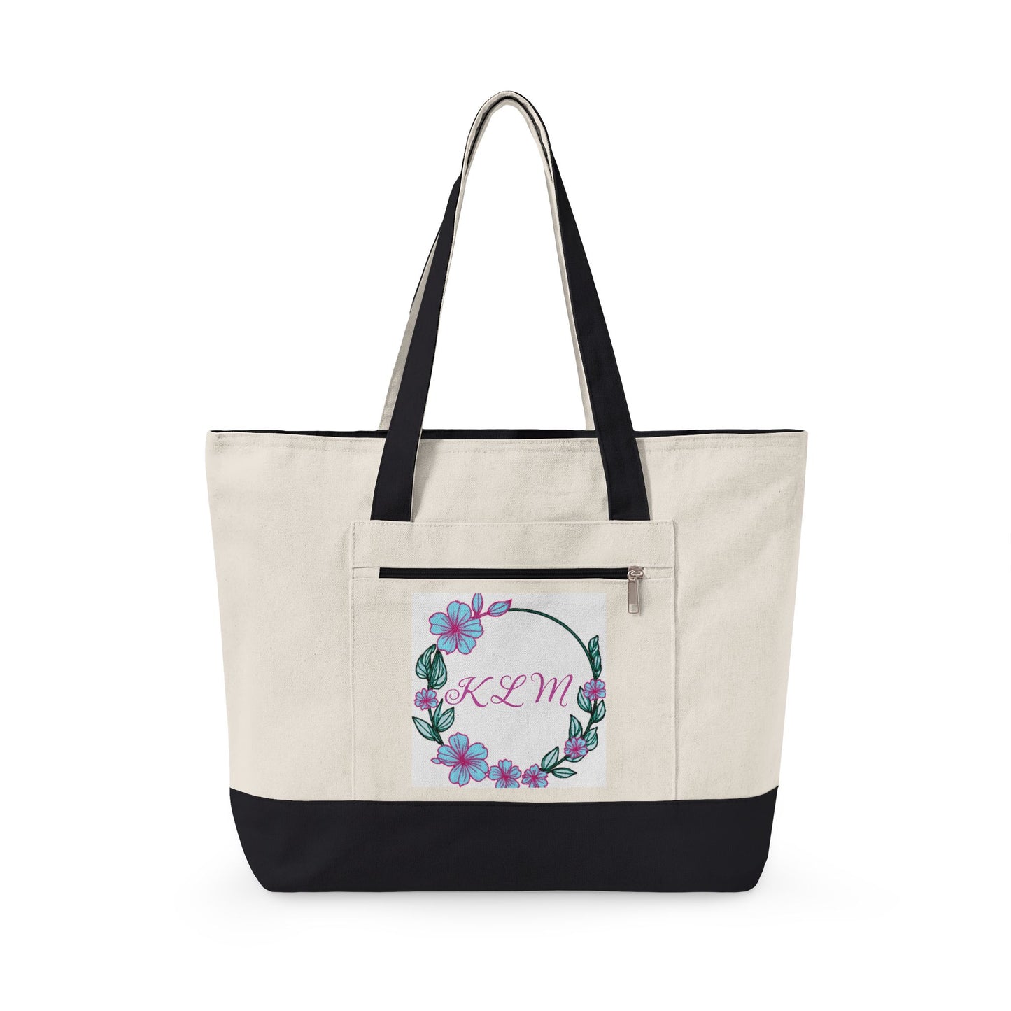 Beige tote bag with navy accents and a logo on a white background