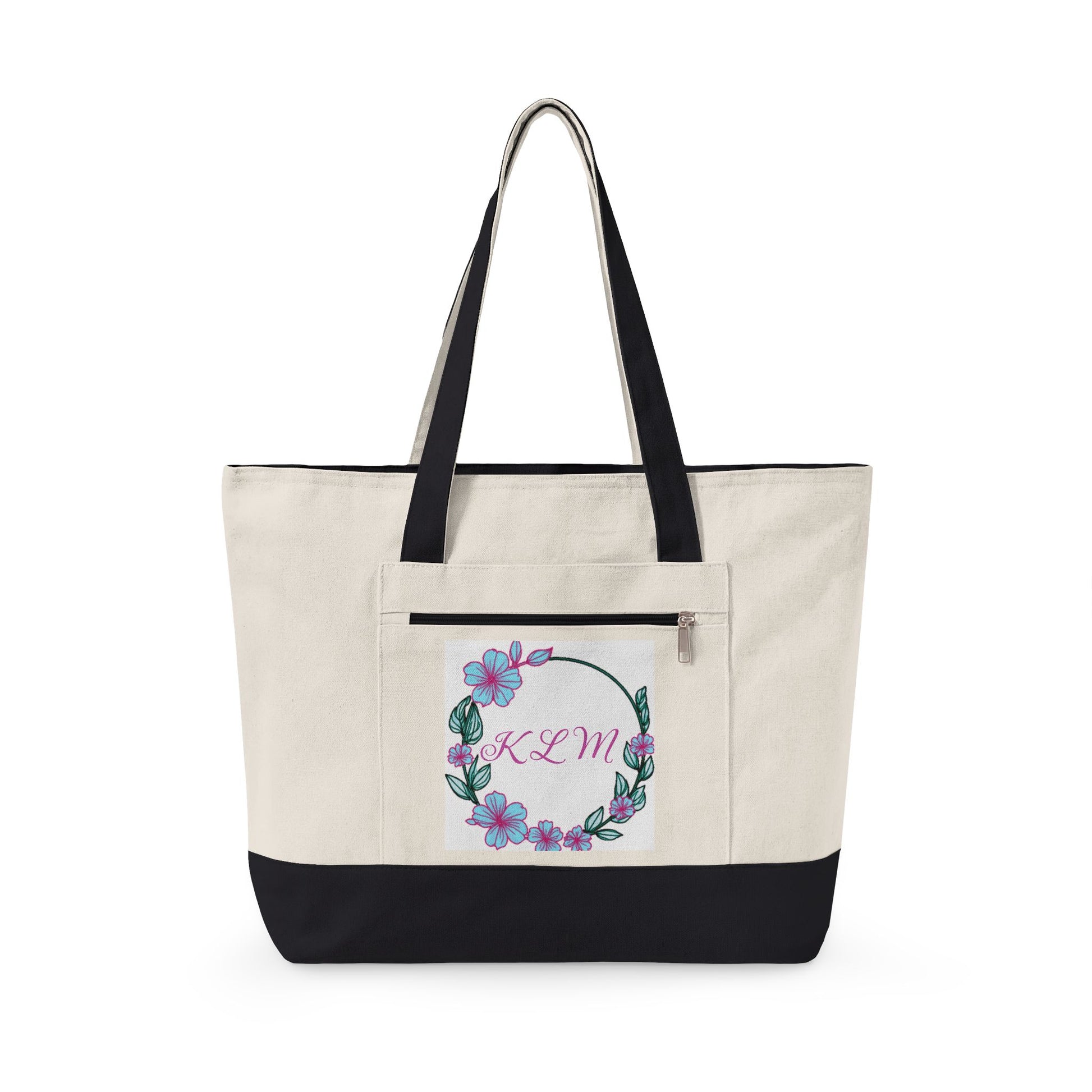 Beige tote bag with navy accents and a logo on a white background