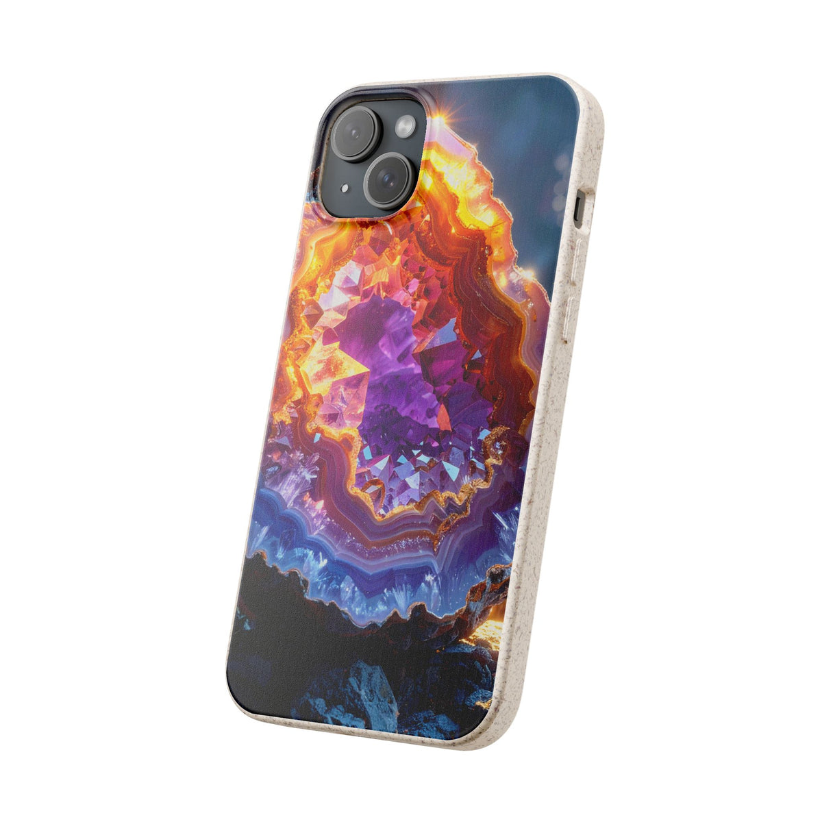 A protective phone case featuring a vibrant, detailed geode print with purple, orange, and blue crystal formations, shown on a clean white background.