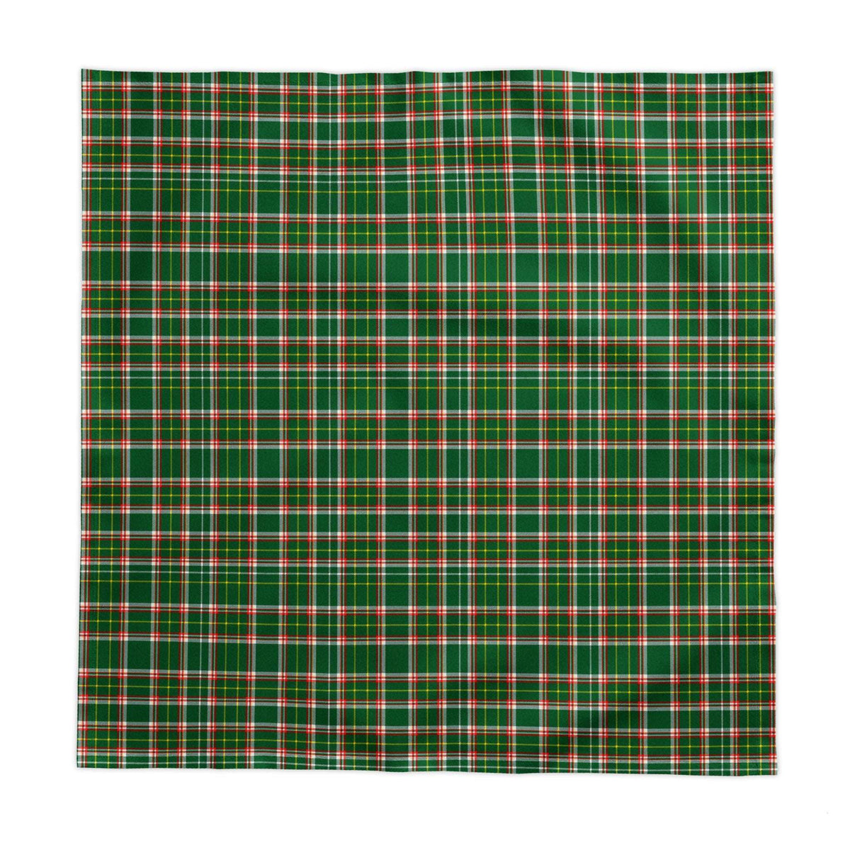 A square green plaid fabric tablecloth with intersecting red, white, and green stripes, shown flat against a solid white background.