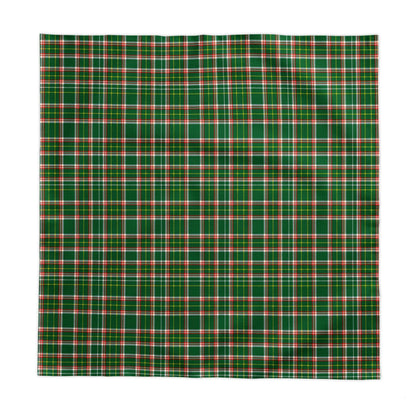 A square green plaid fabric tablecloth with intersecting red, white, and green stripes, shown flat against a solid white background.