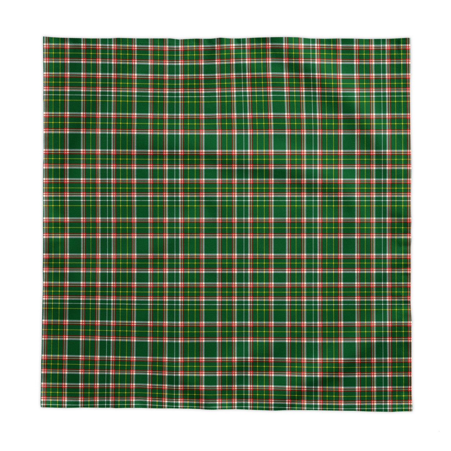 A square green plaid fabric tablecloth with intersecting red, white, and green stripes, shown flat against a solid white background.