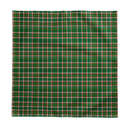 A square green plaid fabric tablecloth with intersecting red, white, and green stripes, shown flat against a solid white background.