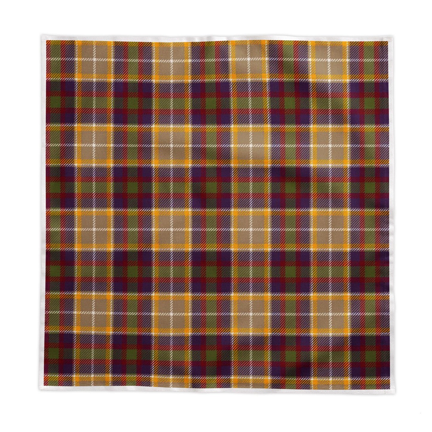 A square fabric item, likely a bandana or pocket square, featuring a classic tartan plaid pattern in mustard yellow, dark green, and deep purple with thin white intersecting lines, shown flat against a white background.