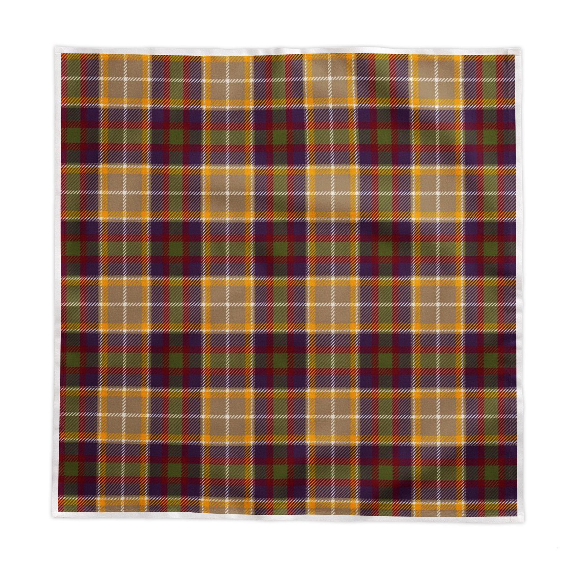 A square fabric item, likely a bandana or pocket square, featuring a classic tartan plaid pattern in mustard yellow, dark green, and deep purple with thin white intersecting lines, shown flat against a white background.