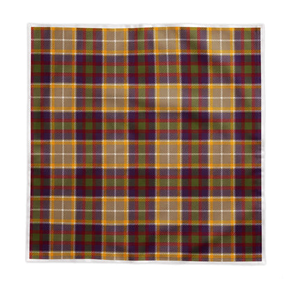 A square fabric item, likely a bandana or pocket square, featuring a classic tartan plaid pattern in mustard yellow, dark green, and deep purple with thin white intersecting lines, shown flat against a white background.