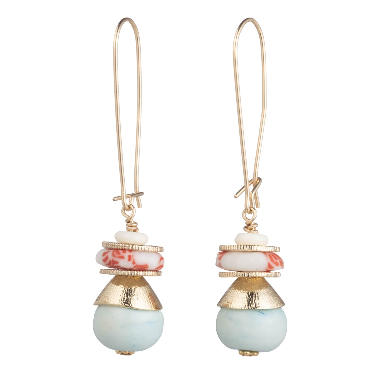 A pair of gold-tone drop earrings featuring a stacked design with a white and red marbled bead, a textured gold cone, and a smooth round light blue bead at the bottom, shown against a plain white background.