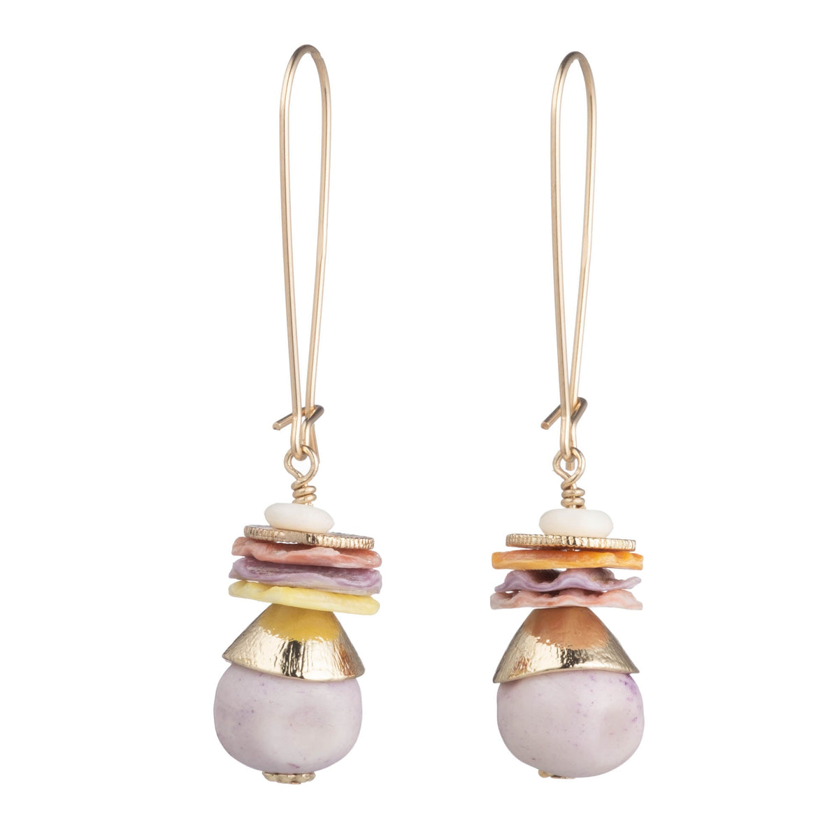 A pair of gold-tone dangle earrings featuring stacked seashell charms in pastel pink, yellow, and white, hanging from elongated gold hooks with a large light purple bead at the bottom.