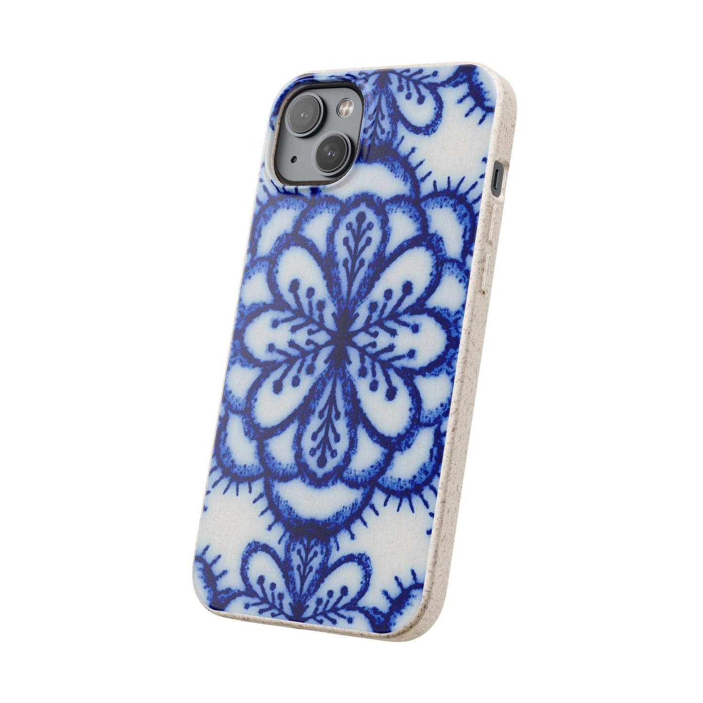 A phone case with a blue and white floral mandala pattern on a white background, featuring a natural light wood edge.