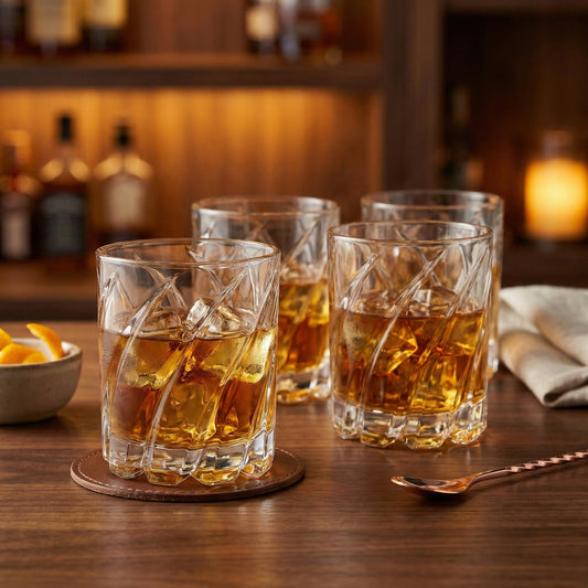 Four glasses of whiskey with ice cubes on a wooden table, with bottles and a candle in the background.