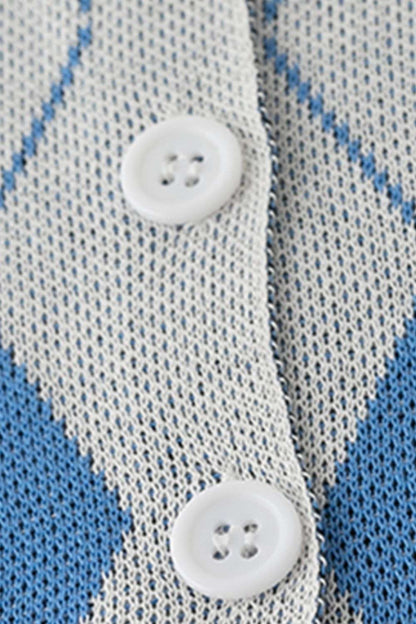 Close-up of the argyle diamond pattern and ribbed trim on a lightweight cardigan
