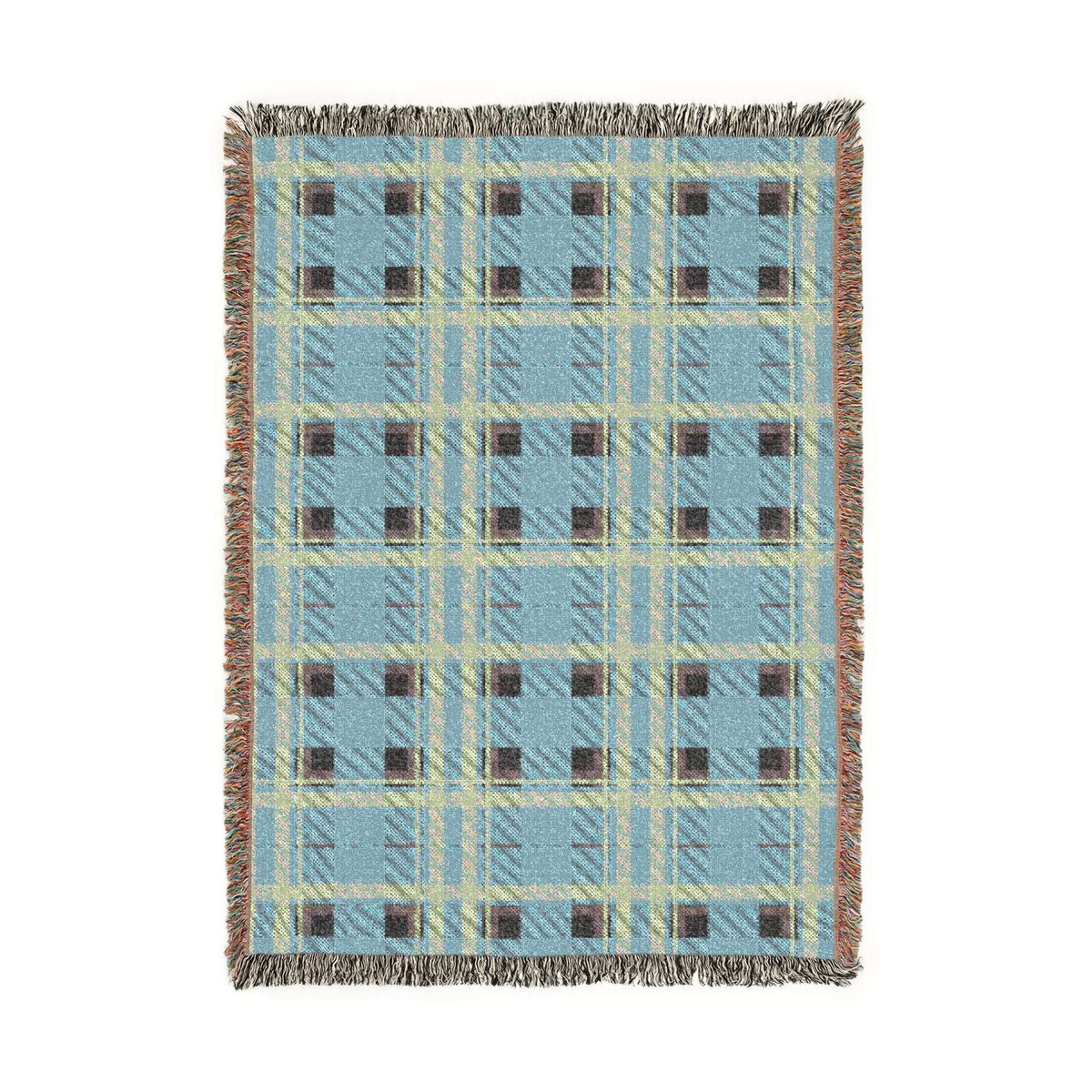 A rectangular woven throw blanket with a light blue plaid pattern, cream and brown stripes, and fringed edges, shown flat against a white background.