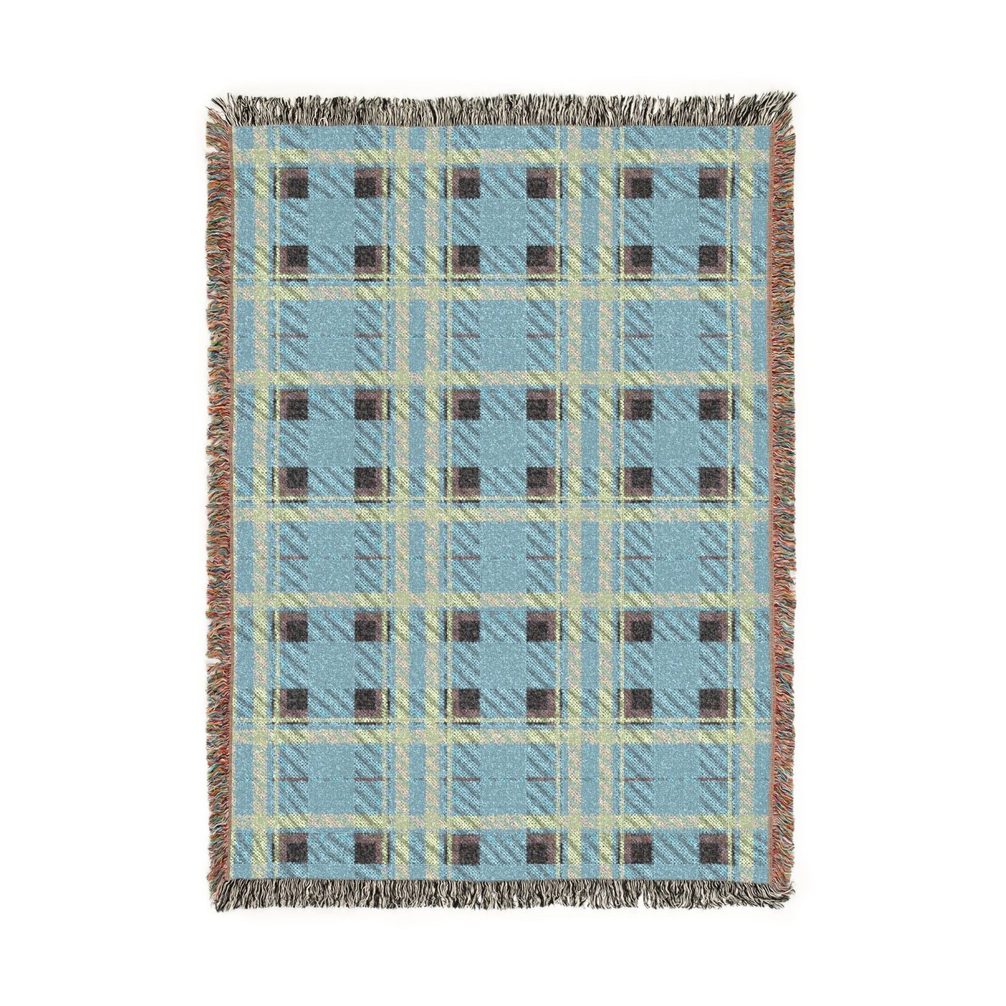 A rectangular woven throw blanket with a light blue plaid pattern, cream and brown stripes, and fringed edges, shown flat against a white background.