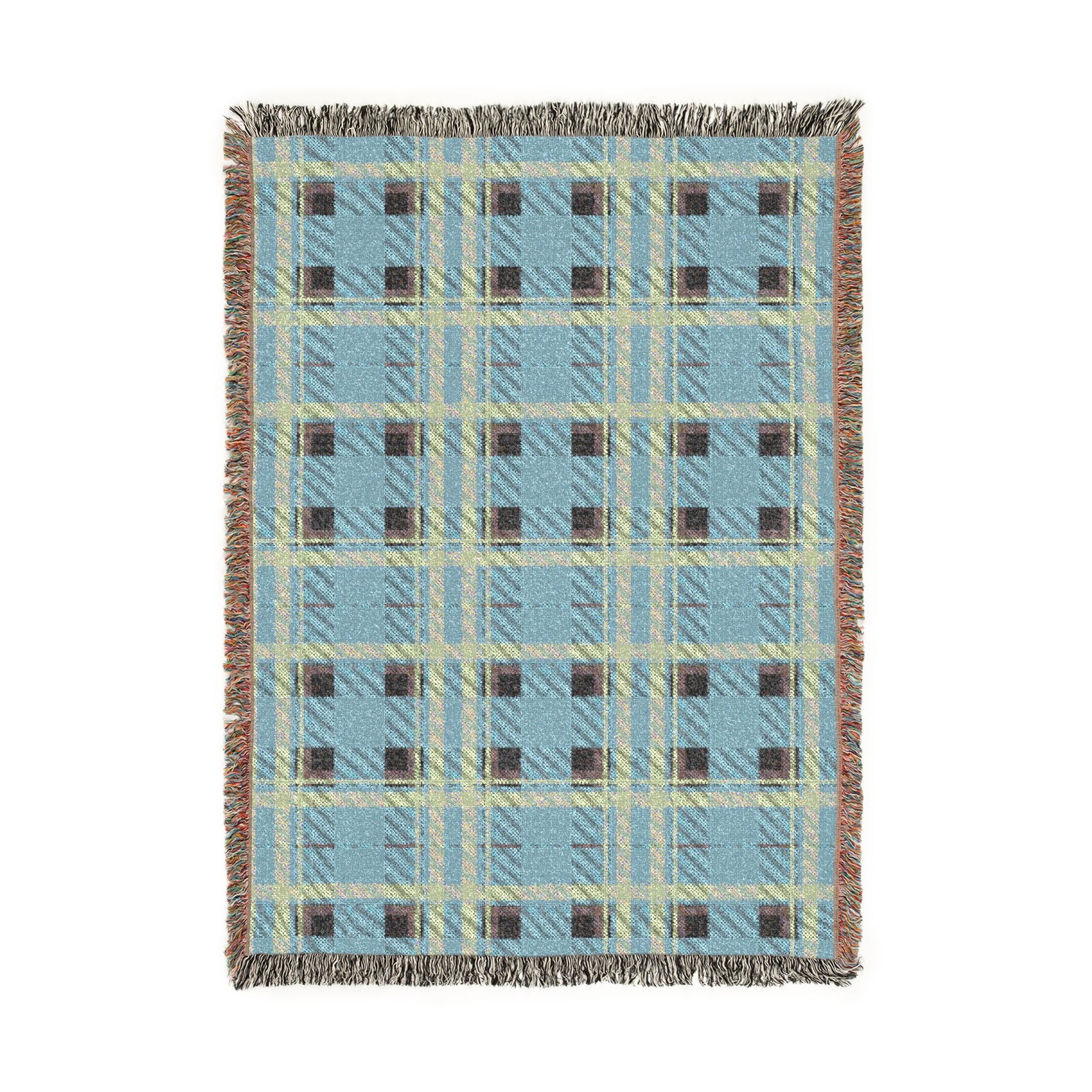 A rectangular woven throw blanket with a light blue plaid pattern, cream and brown stripes, and fringed edges, shown flat against a white background.