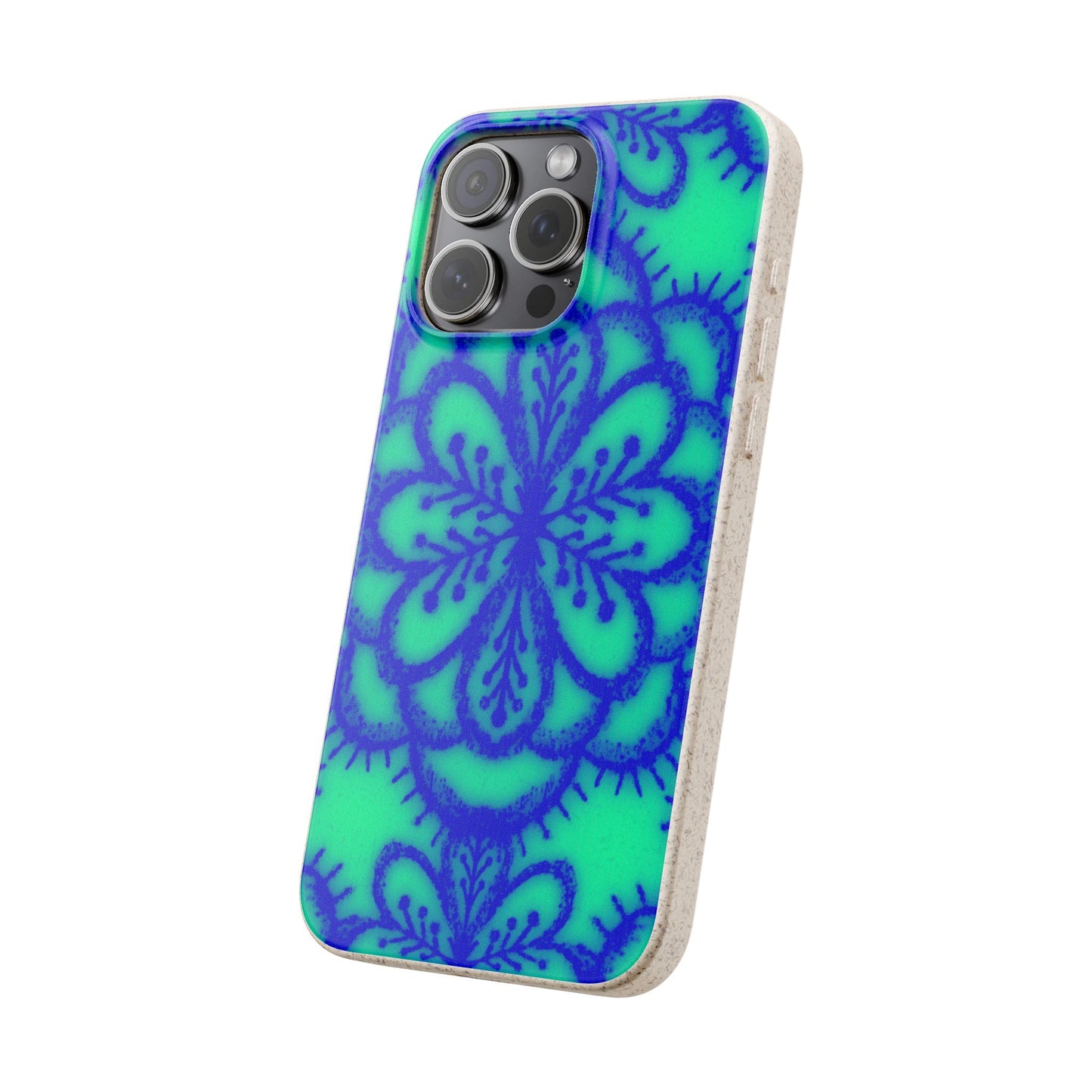 A phone case with a vibrant blue mandala pattern on a bright green background, shown on a light gray phone against a plain white background.