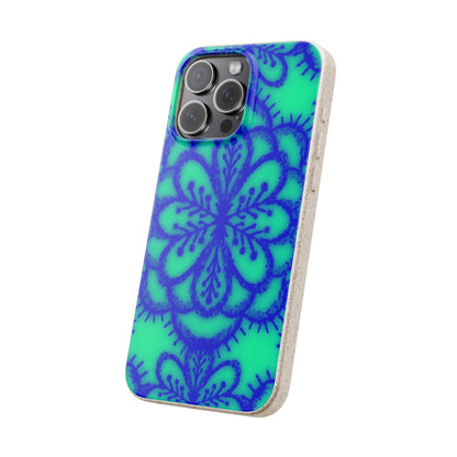 A phone case with a vibrant blue mandala pattern on a bright green background, shown on a light gray phone against a plain white background.