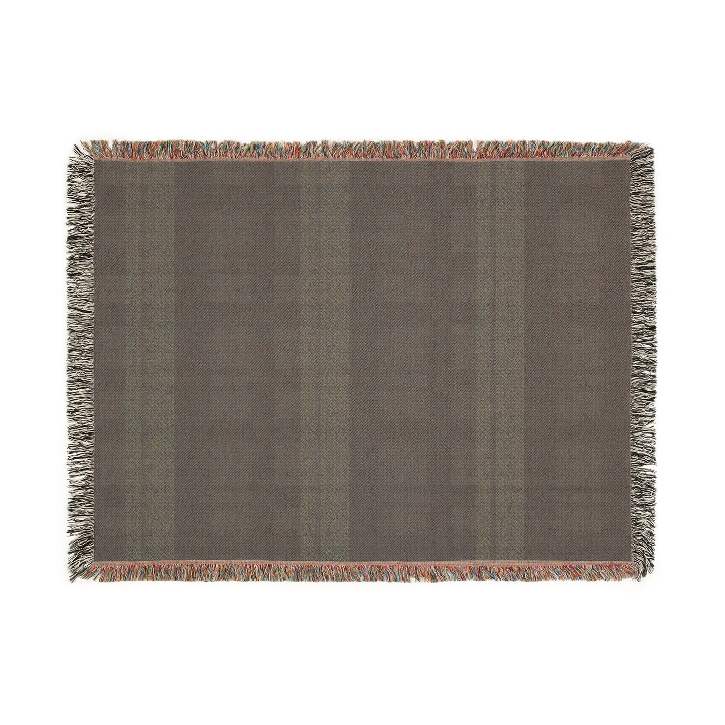 A rectangular woven throw blanket with a muted brown and gray plaid pattern and fringed edges, shown flat against a white background.