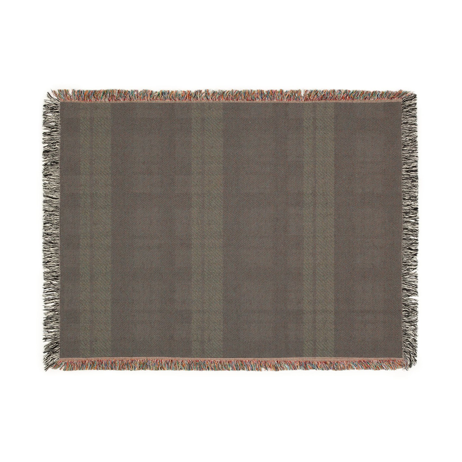 A rectangular woven throw blanket with a muted brown and gray plaid pattern and fringed edges, shown flat against a white background.