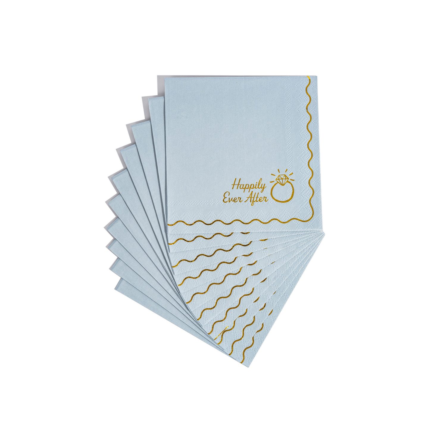 Set of light blue napkins with gold text and design on a white background