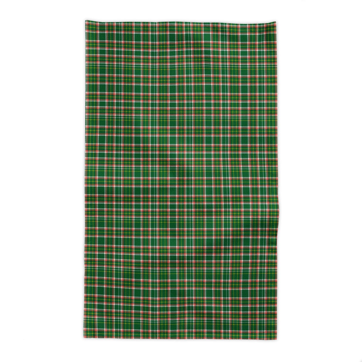 A rectangular green plaid tablecloth  shown flat against a solid white background.