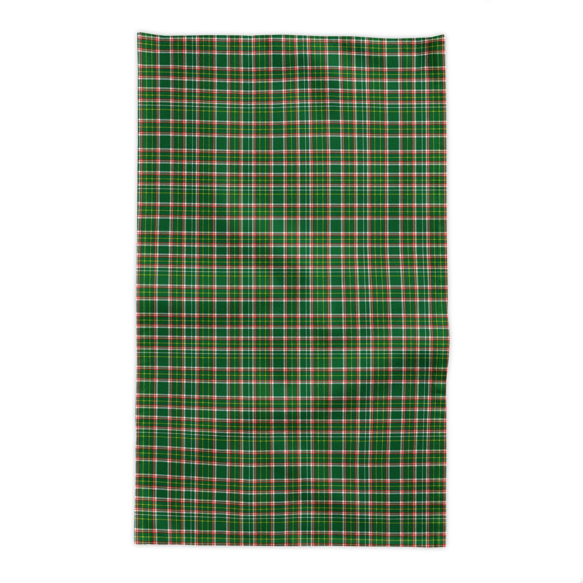A rectangular green plaid tablecloth  shown flat against a solid white background.