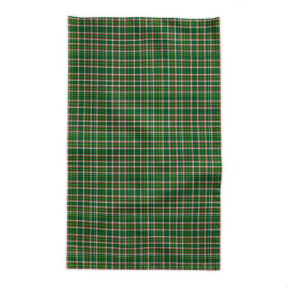 A rectangular green plaid tablecloth  shown flat against a solid white background.