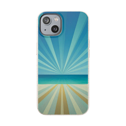 A phone case featuring a retro sunburst beach design with shades of blue, teal, and sandy beige, shown on a plain white background.