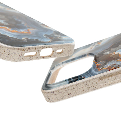 Two close-up views of a smartphone case with a speckled beige base and a glossy marbled blue-gray and brown pattern on the back, shown on a white background.