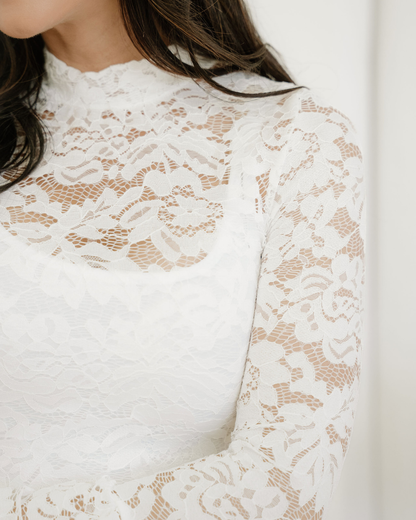 Close-up of a white lace garment with a blurred background
