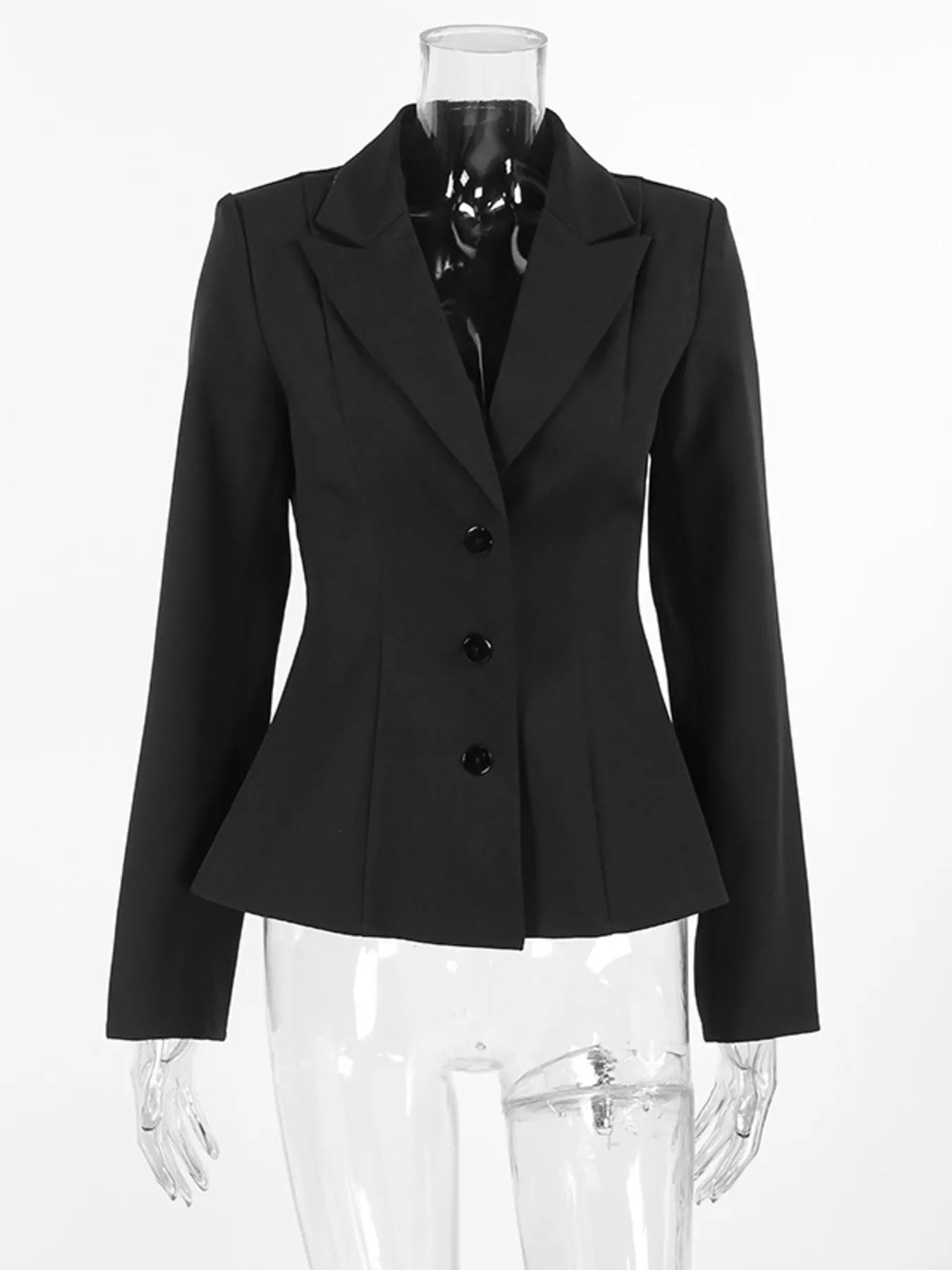 A black tailored blazer with structured shoulders, notched lapels, and three front buttons, displayed on a clear mannequin against a plain white background.