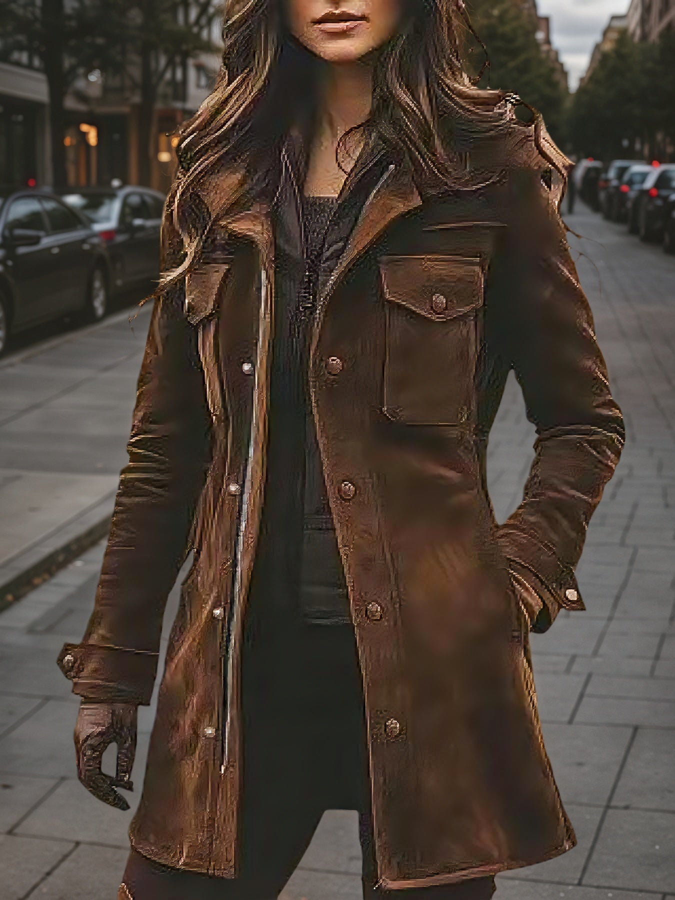 Person wearing a brown leather coat on a city street