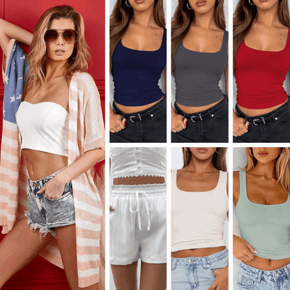 Woman modeling a white strapless top with various color options displayed below.