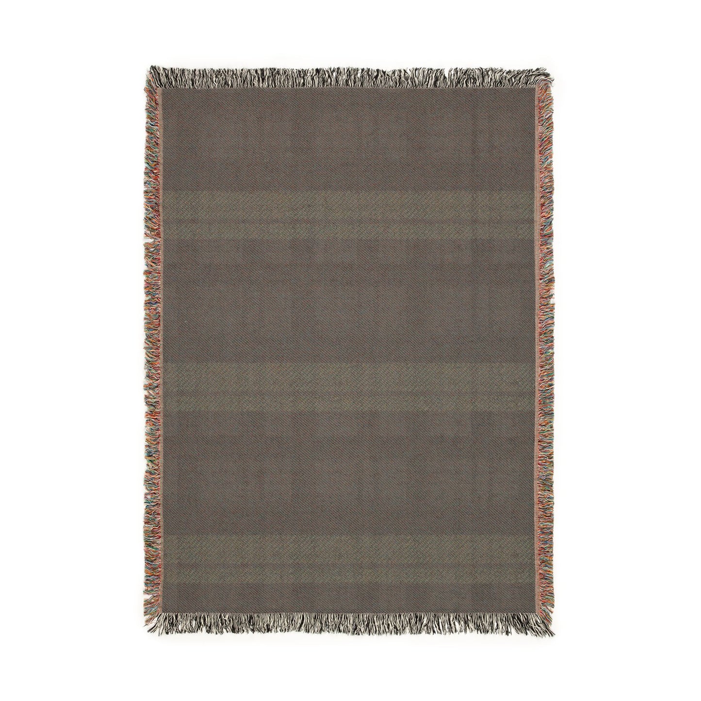 A rectangular woven throw blanket with a textured plaid pattern in shades of brown and gray, finished with fringed edges on all sides, shown against a plain white background.