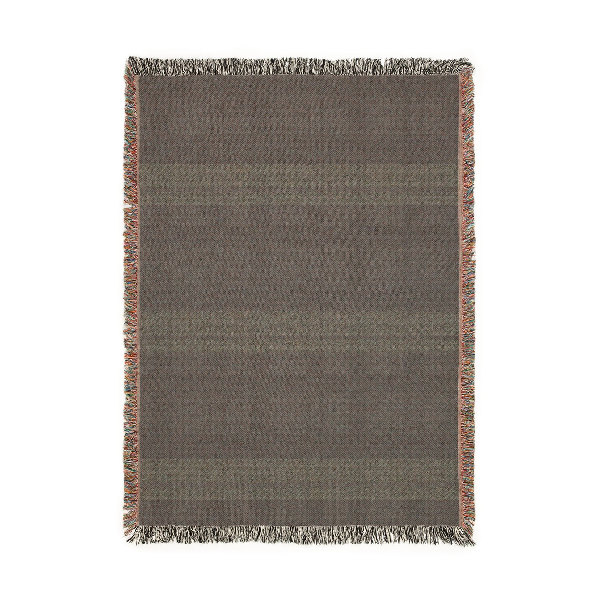 A rectangular woven throw blanket with a textured plaid pattern in shades of brown and gray, finished with fringed edges on all sides, shown against a plain white background.