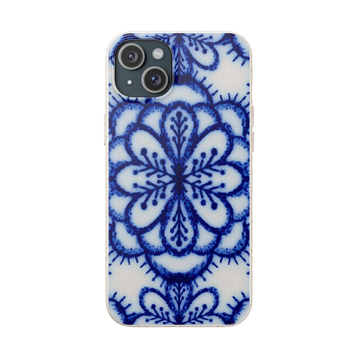 A phone case featuring a blue and white floral mandala pattern, shown on a plain white background.