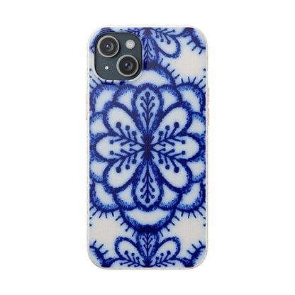 A phone case featuring a blue and white floral mandala pattern, shown on a plain white background.
