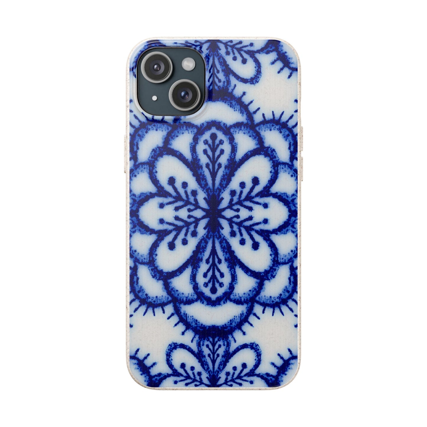 A phone case featuring a blue and white floral mandala pattern, shown on a plain white background.