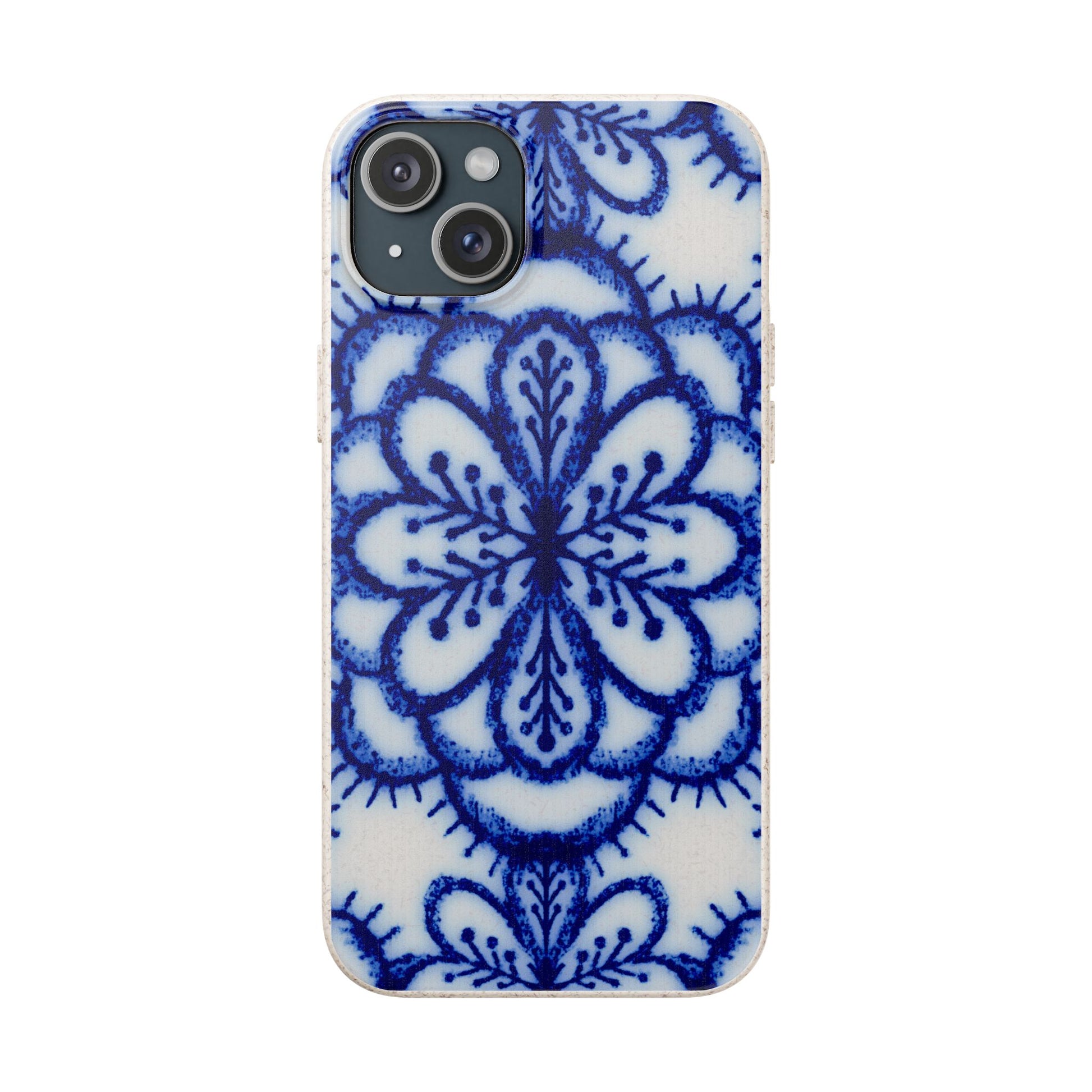 A phone case featuring a blue and white floral mandala pattern, shown on a plain white background.