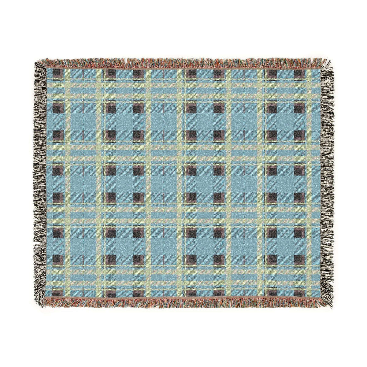 A square woven throw blanket with a light blue plaid pattern, featuring cream, brown, and gray stripes, fringed edges, and a subtle woven texture, shown flat on a white background.