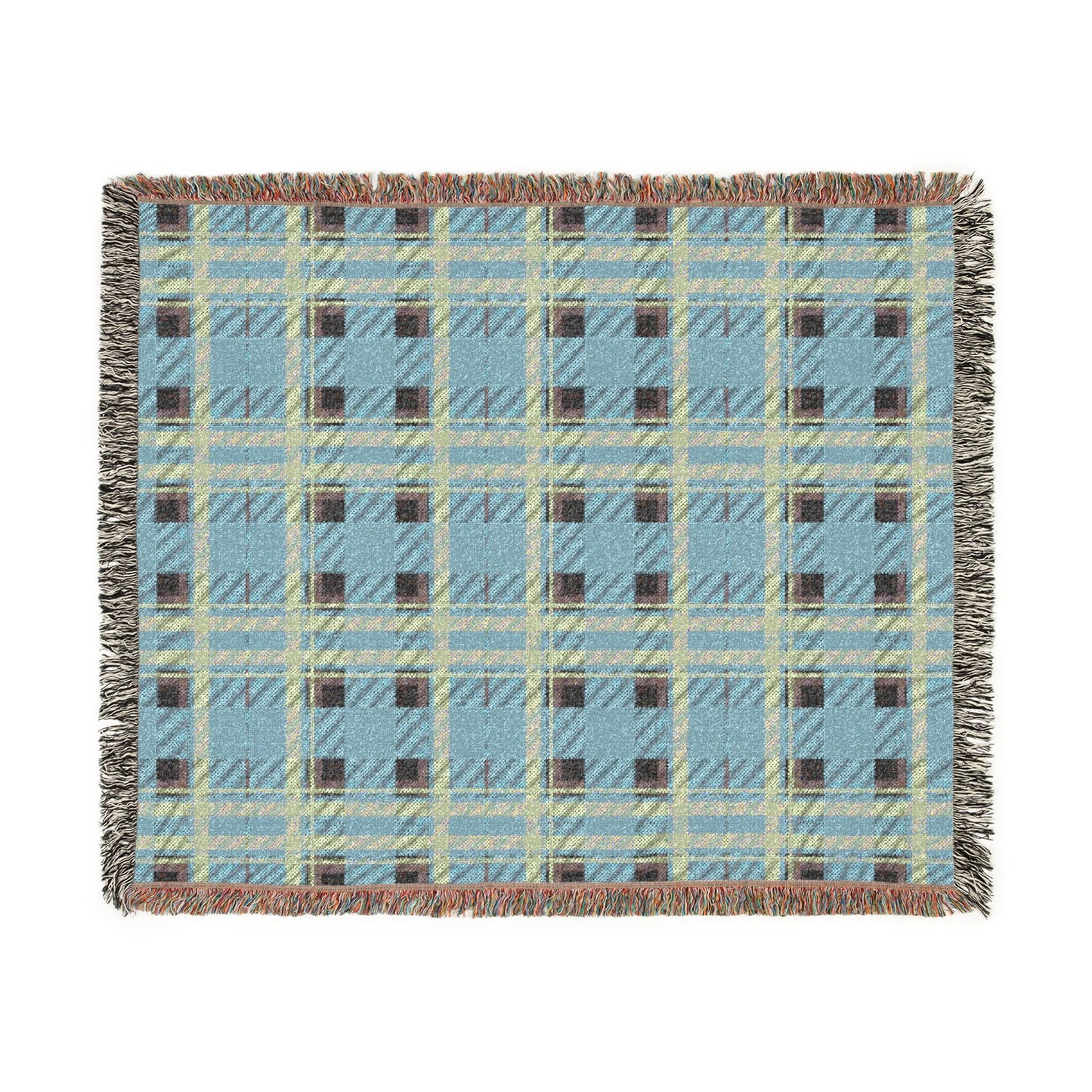 A square woven throw blanket with a light blue plaid pattern, featuring cream, brown, and gray stripes, fringed edges, and a subtle woven texture, shown flat on a white background.