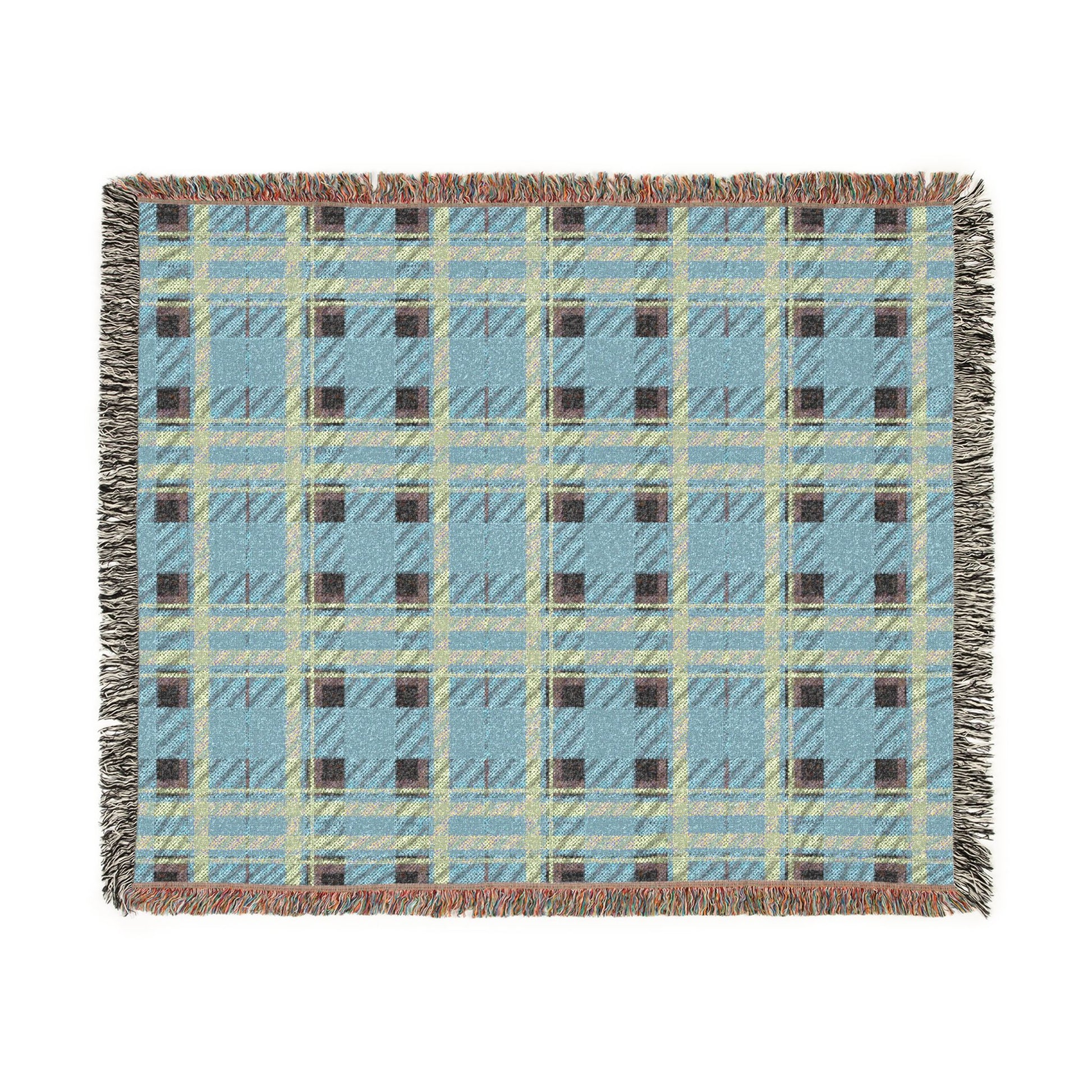 A square woven throw blanket with a light blue plaid pattern, featuring cream, brown, and gray stripes, fringed edges, and a subtle woven texture, shown flat on a white background.
