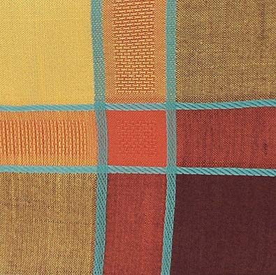 A close-up of a woven fabric with a plaid pattern in mustard yellow, orange, rust red, and dark brown, divided by thin turquoise-blue lines.
