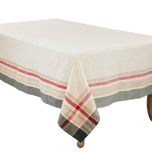 A rectangular tablecloth in off-white with a plaid pattern border featuring stripes of red, beige, gray, and dark green, shown draped over a table on a white background.