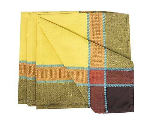 A folded woven textile, likely a scarf, handkerchief, or pocket square, featuring a yellow center with a plaid border in olive green, orange, light blue, brown, and dark brown.